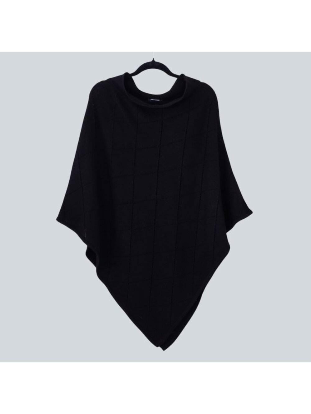 Repeat Merino Wool Poncho OS Black Pointelle Assymetric Hem Knit Cape Roll Neck
